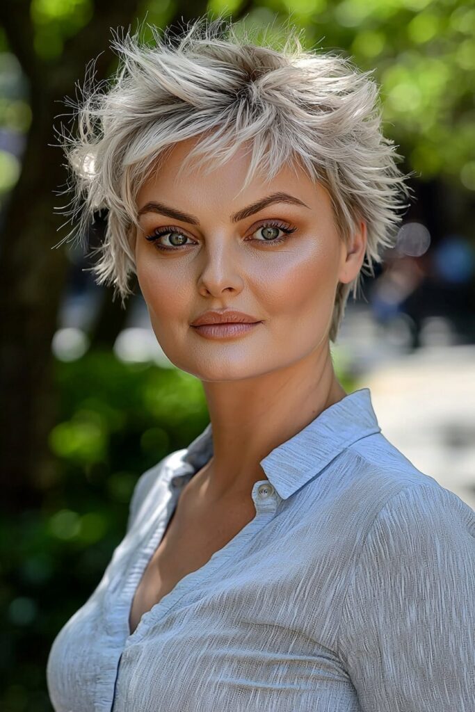Platinum blonde low-maintenance choppy pixie cut over 50 style