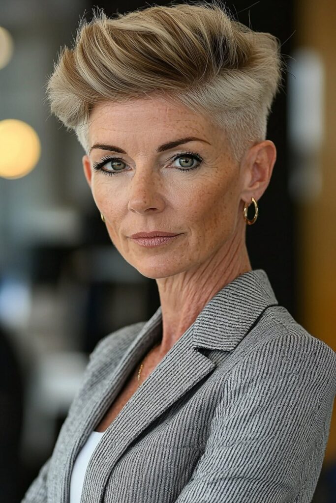Stacked-back low-maintenance choppy pixie cut over 50 look