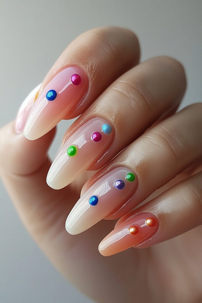 A playful nail design with 3D neon bubble accents, creating a glossy, raised effect with bold neon colors for a fun and creative look.