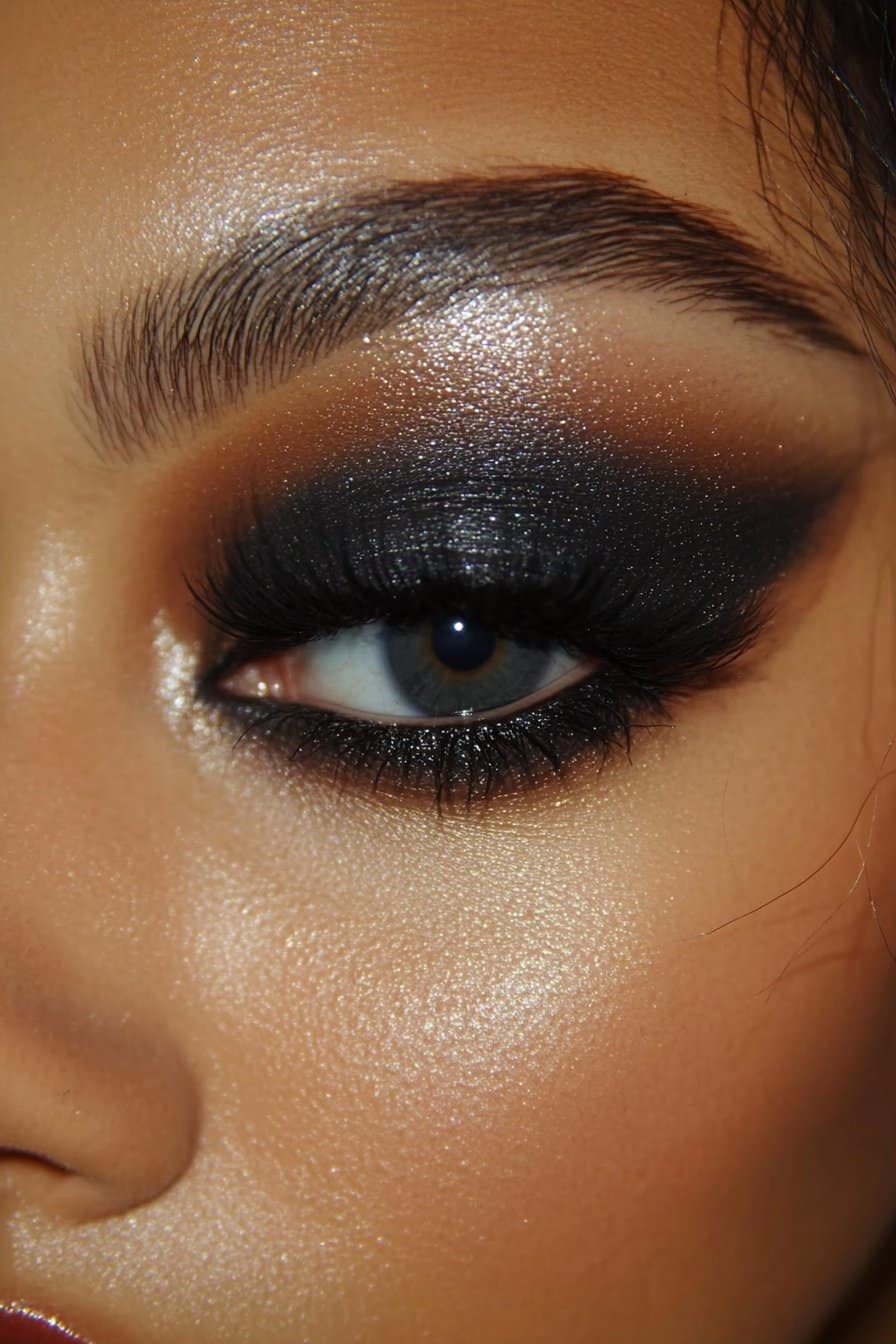 A close-up of a woman's eye with a dramatic black smokey eye. Deep black eyeshadow extends outward, with a heavily smudged lower lash line for a true 90s grunge vibe.