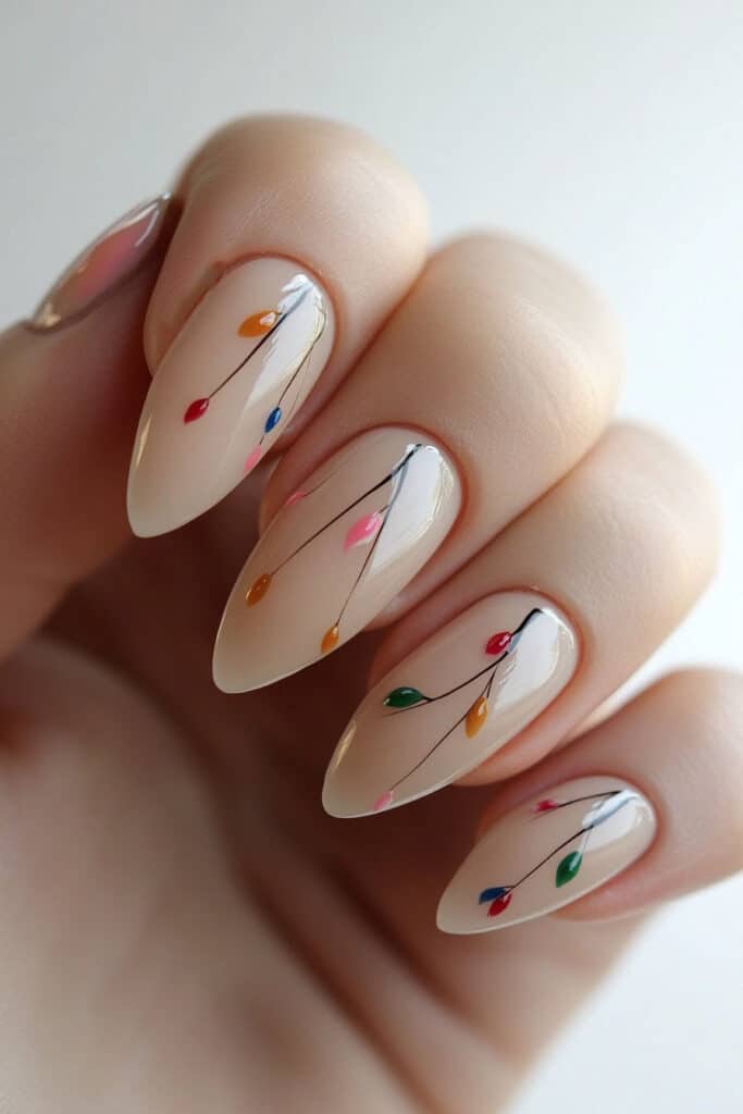 Almond-shaped nails with bold abstract geometric patterns in vibrant summer colors, featuring asymmetrical designs and sharp angles.