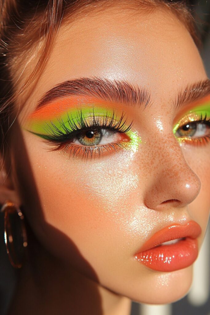 An avant-garde close-up of an eye with bold, artistic strokes of neon and pastel green. The abstract design breaks beauty norms with a creative, modern aesthetic.