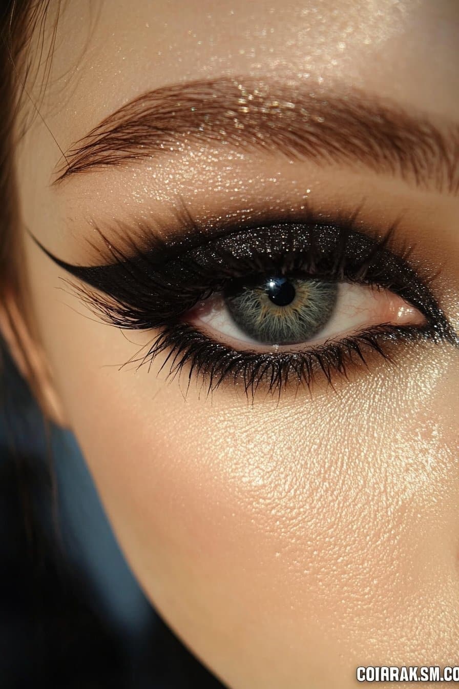 A close-up of a woman's eye with bold, irregular black liner shapes extending beyond a traditional wing, creating an artistic, rebellious statement