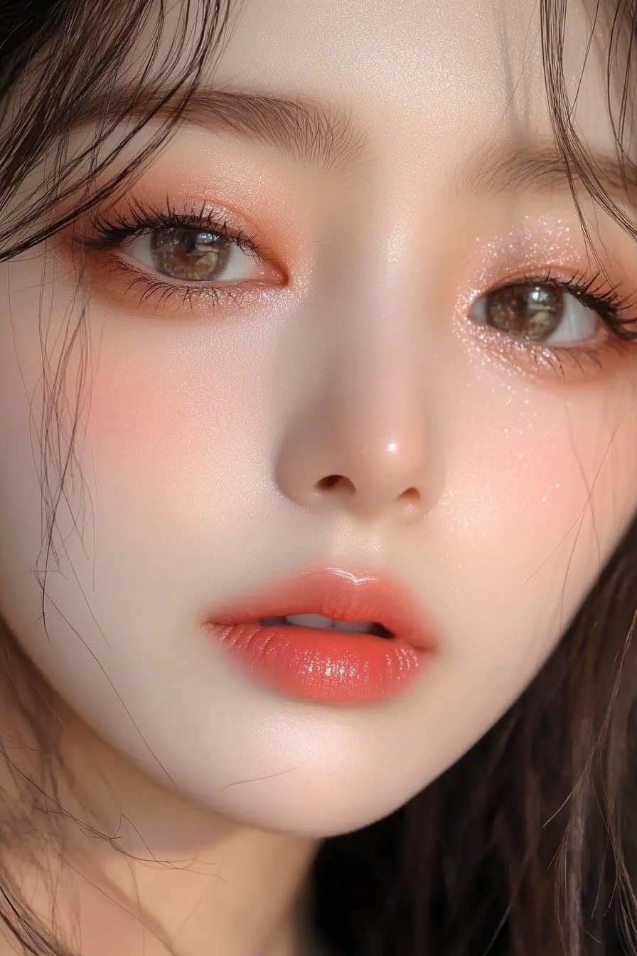A close-up of a woman's eye featuring aegyo sal makeup, with a highlighted contour under the lower lash line for a youthful, bright-eyed look