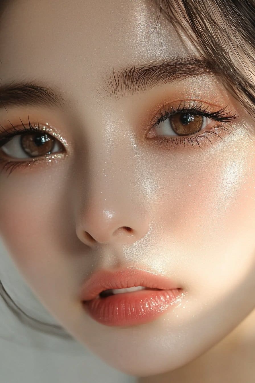 A close-up of a woman's eye with a soft shimmer applied along the lower lash line and inner corners for a twinkling, youthful effect.
