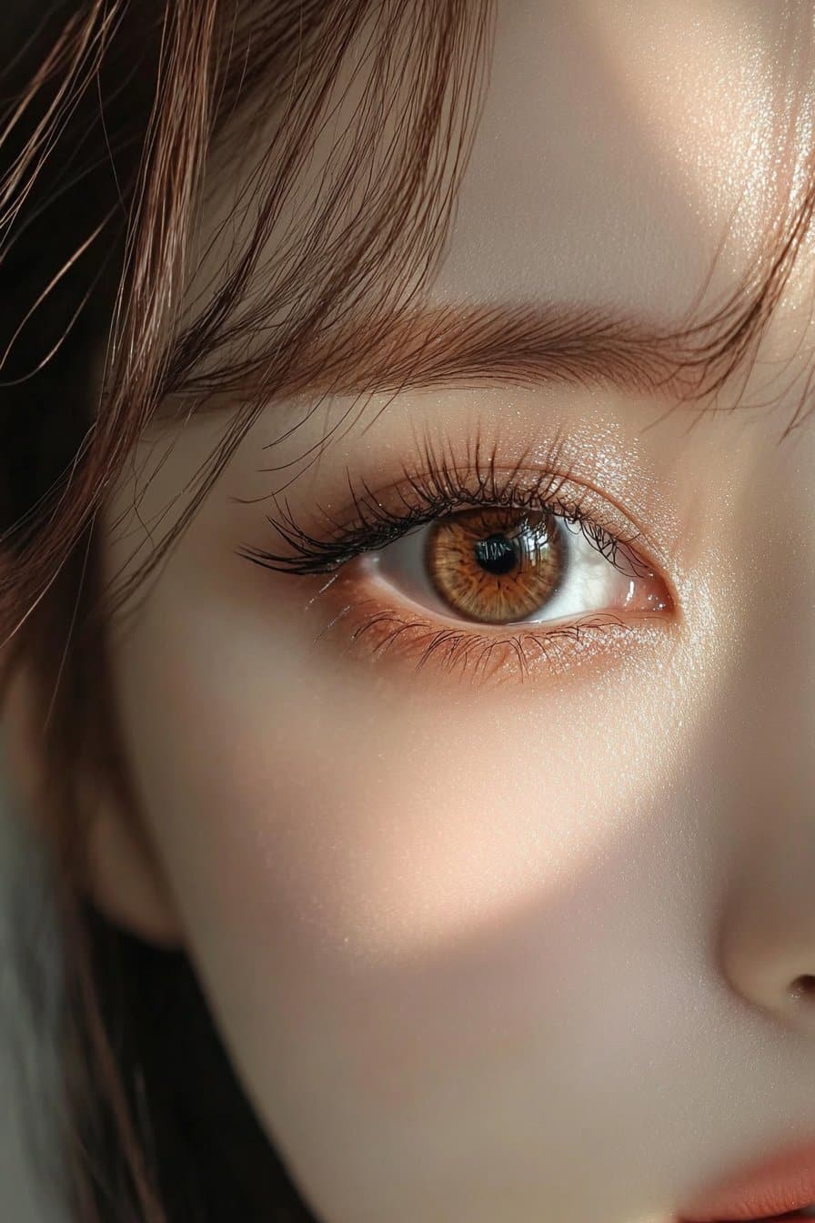 A close-up of a woman's eye with soft gradient eyeshadow, elongated eyeliner, and bright inner corner highlights for a wide-eyed, doll-like effect.