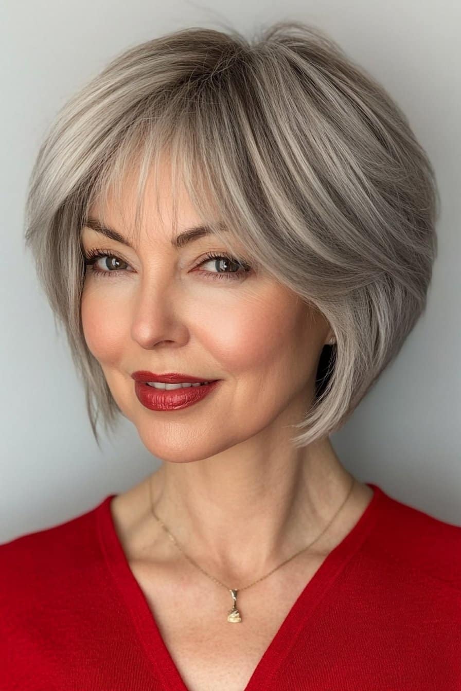 Asymmetrical bob short hairstyle for women over 50