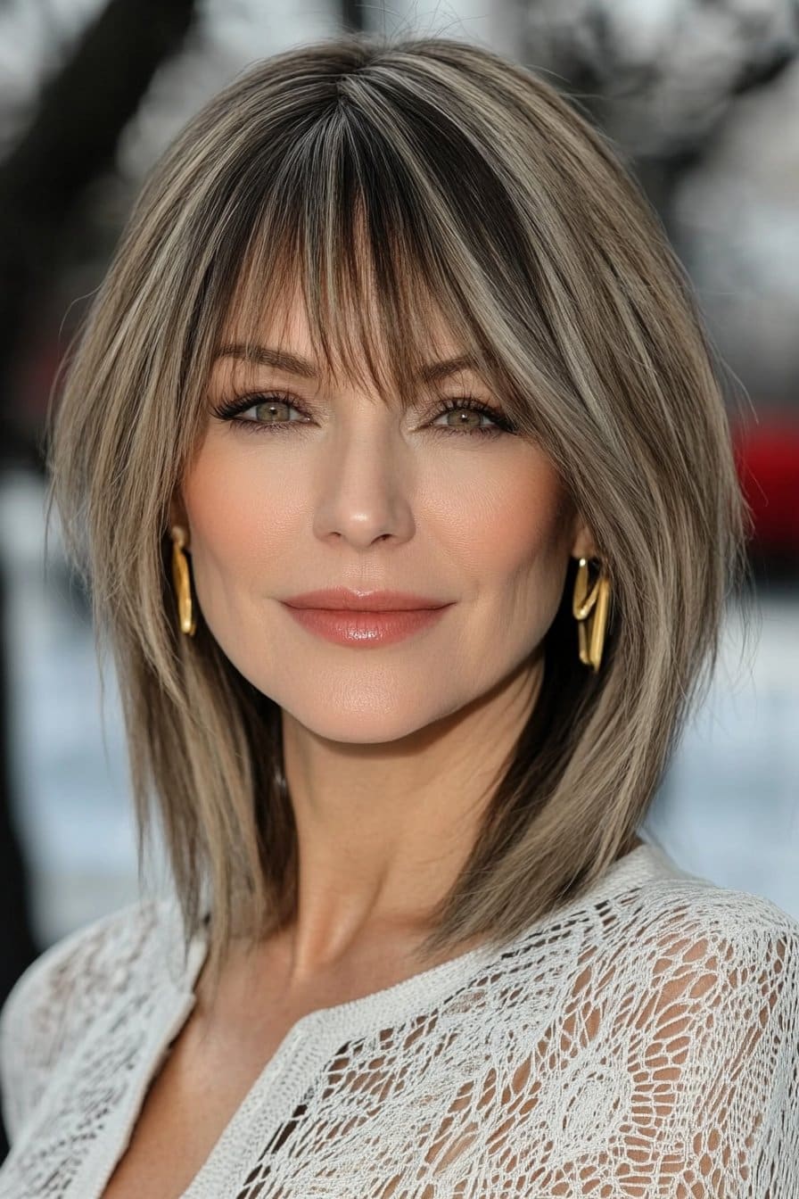Stylish woman over 50 with a blunt medium-length cut and a side bang, combining sharp lines with soft framing