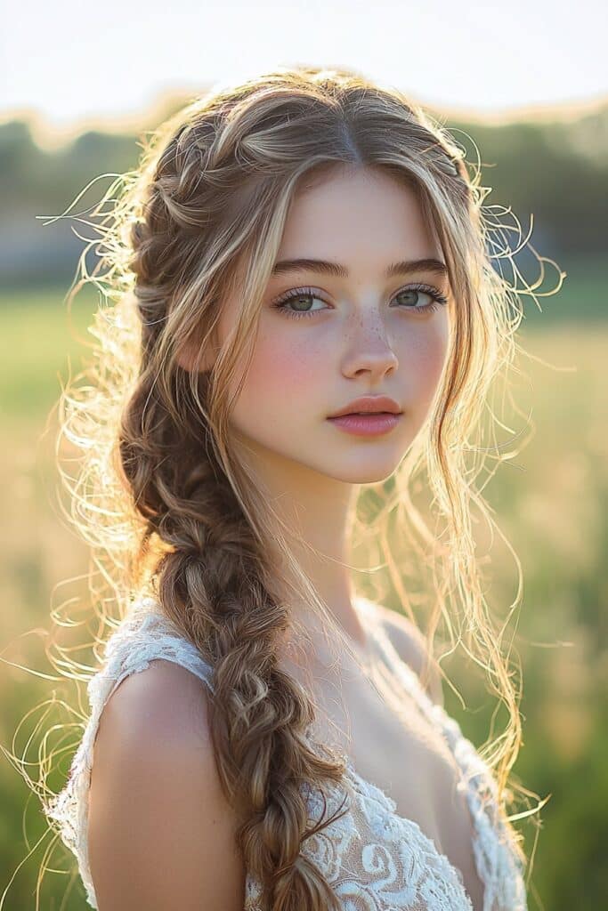 A young woman with a Boho Braided Cascade half-up, half-down hairstyle. Loose, textured braids form a crown, while soft curls flow effortlessly for a relaxed yet elegant prom look. The outdoor grass background enhances the natural and bohemian vibe.