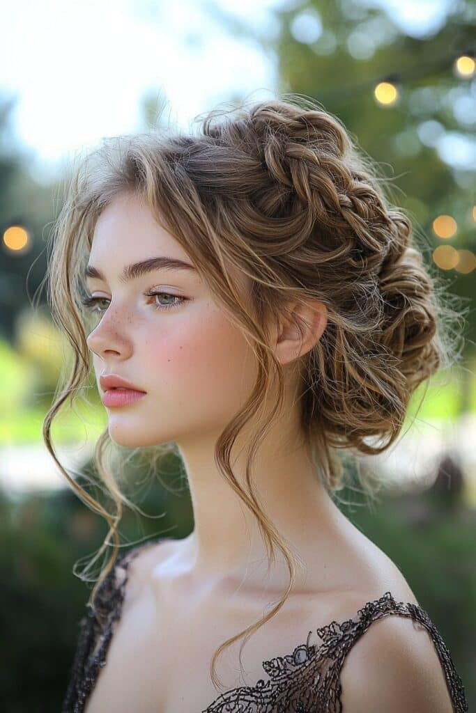 A young woman with a boho braided updo for prom. The hairstyle includes relaxed, textured braids giving off a carefree yet elegant vibe. She poses at an outdoor garden prom setting with string lights.