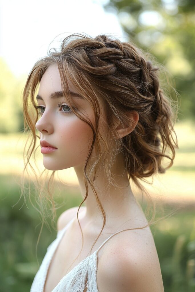 A young woman rocking a Boho Braided Updo for prom. The front side view is captured in an outdoor garden prom setting, exuding a bohemian charm.