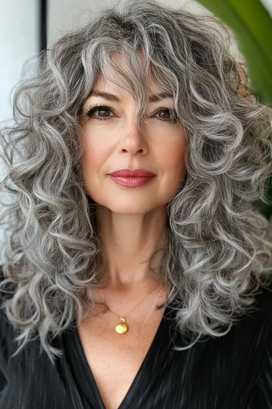 A confident woman over 50 with a bouncy gray curly lob. Well-defined curls create volume and movement for a sophisticated, youthful look.