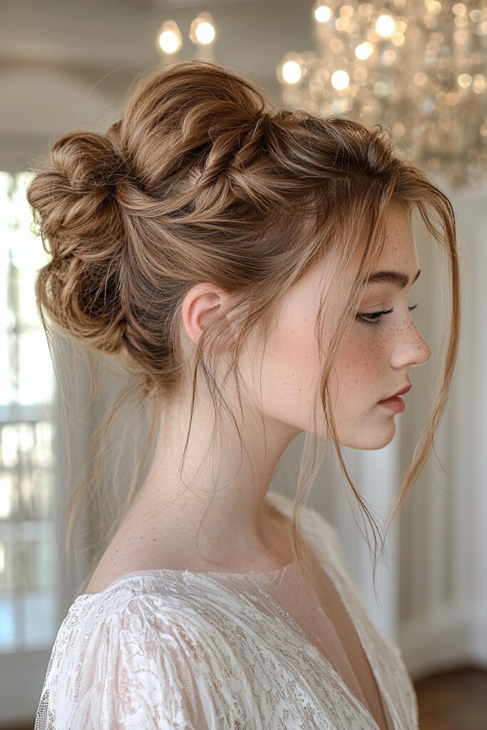 A young woman with a Braided Ballerina Bun hairstyle for prom. The hairstyle is highlighted against a grand ballroom with chandeliers.