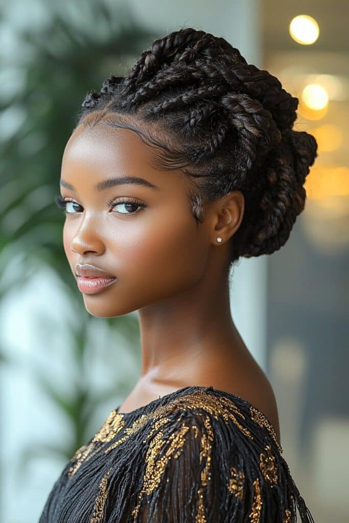 A young Black woman showcasing a Braided Butterfly Updo in an indoor salon setting. The hairstyle has intricate braids forming a butterfly-shaped pattern, adding a unique touch to her prom look.