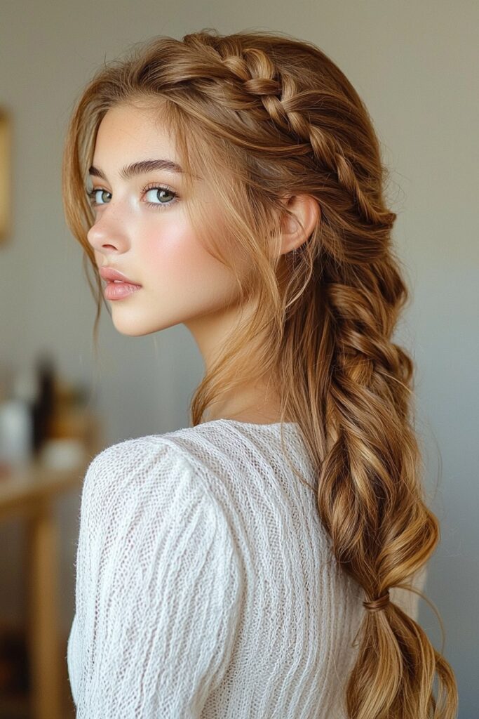 A young woman with a Braided Crown Princess half-up, half-down hairstyle. A delicate crown braid wraps around her head, giving a royal and sophisticated prom look, with cascading waves adding softness. The indoor salon background contributes to the luxurious feel.