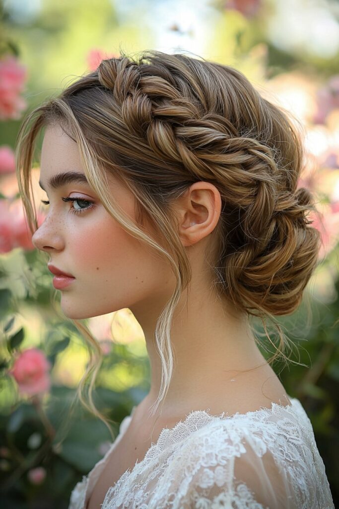 A young woman wearing a Braided Crown Updo for prom. The focus is on the front side view, with soft floral garden surroundings that enhance her romantic look.