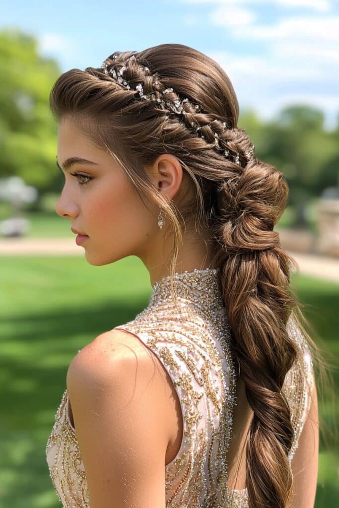 Young woman wearing a braided crown into a sleek high ponytail. The regal hairstyle creates a fairy-tale effect, set against an outdoor grass background for a natural feel.