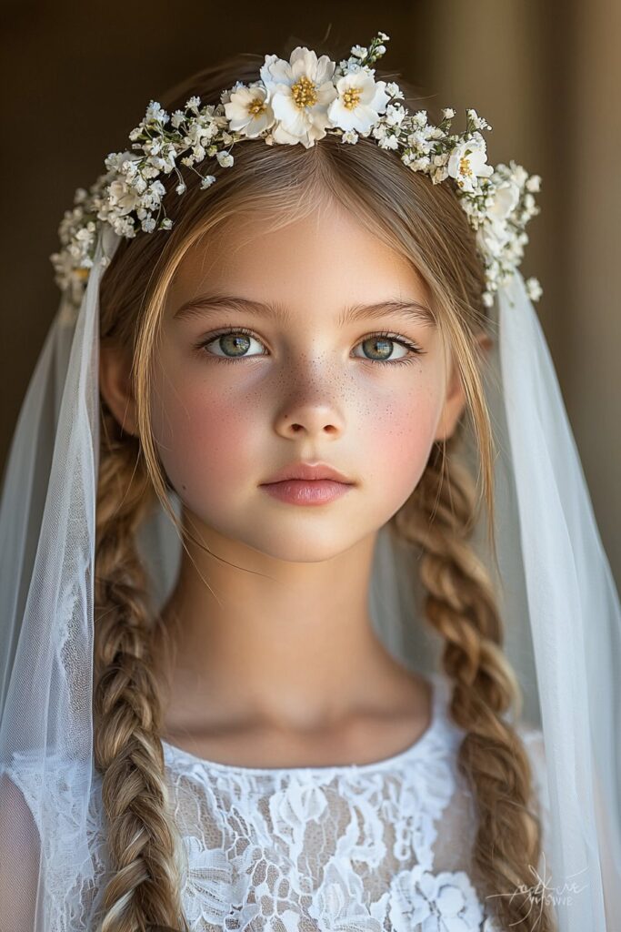 A photorealistic image of a young girl with a halo-like Braided Crown holding a flowing white veil. The serene outdoor chapel background enhances the sacred and elegant style.