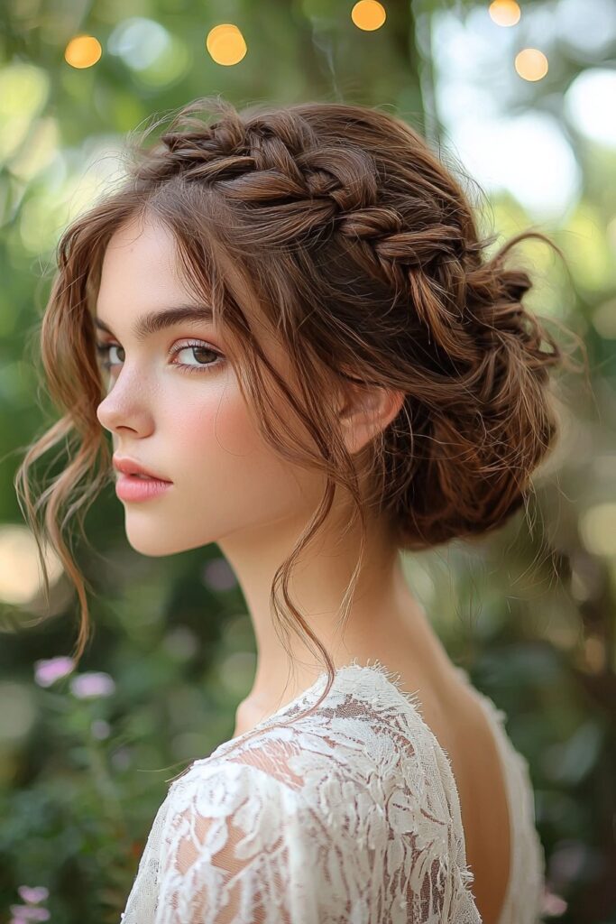 A young woman with a braided halo crown updo for prom. The hairstyle creates a beautiful, braided circle around her head, adding a romantic and bohemian vibe. The outdoor garden venue with fairy lights adds a whimsical touch to the scene.