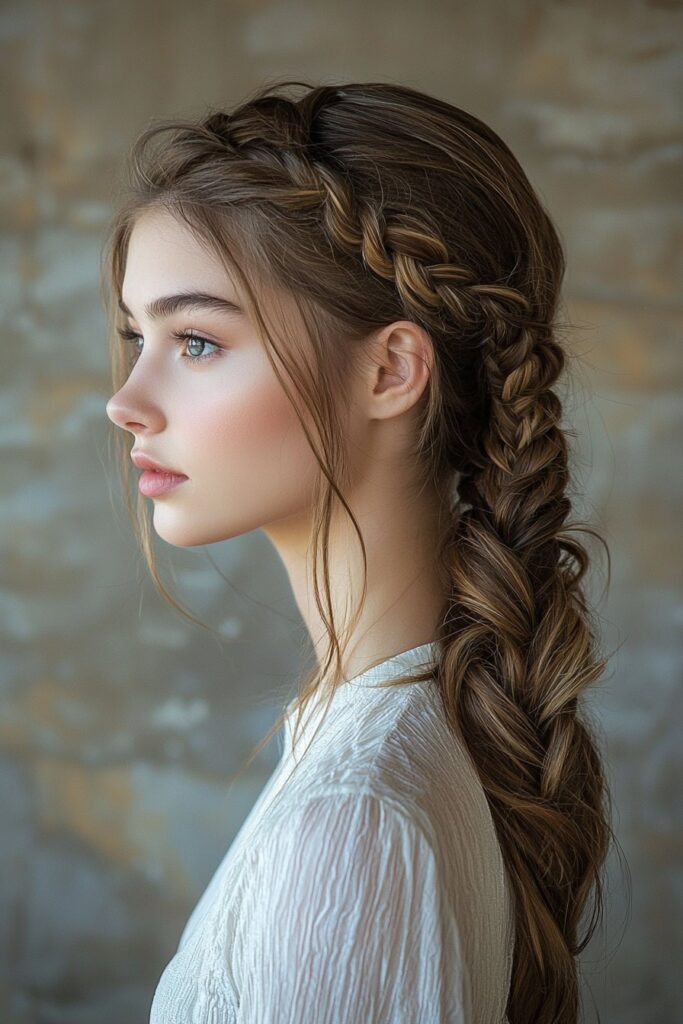 Young woman with a thick, intricate braid wrapped around the base of her ponytail, adding elegance and texture. The image features an indoor wall panel background for a professional look.