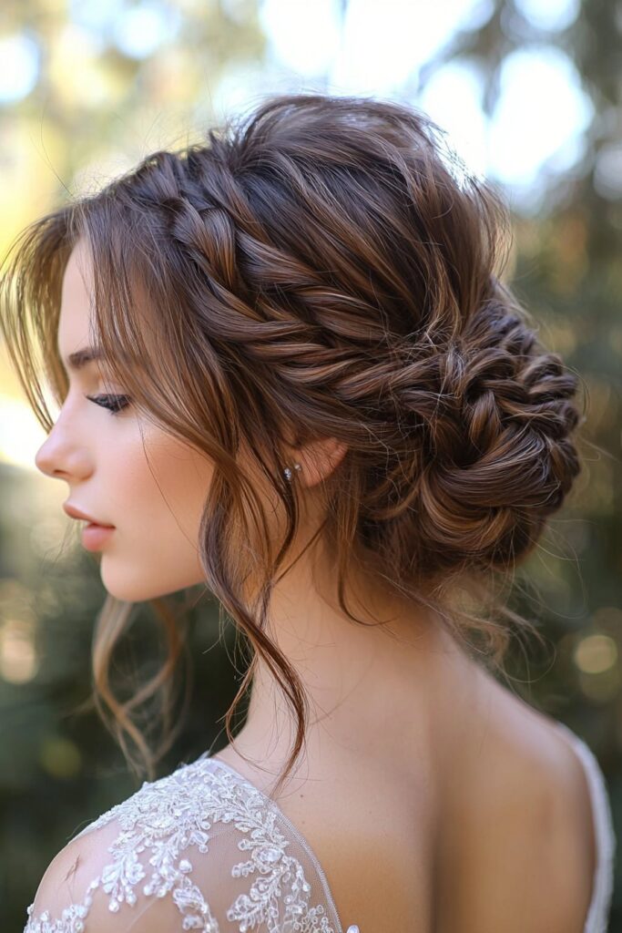 A young woman with a Bubble Braid Updo for prom. The front side view of the hairstyle is set against a high-end prom party background.