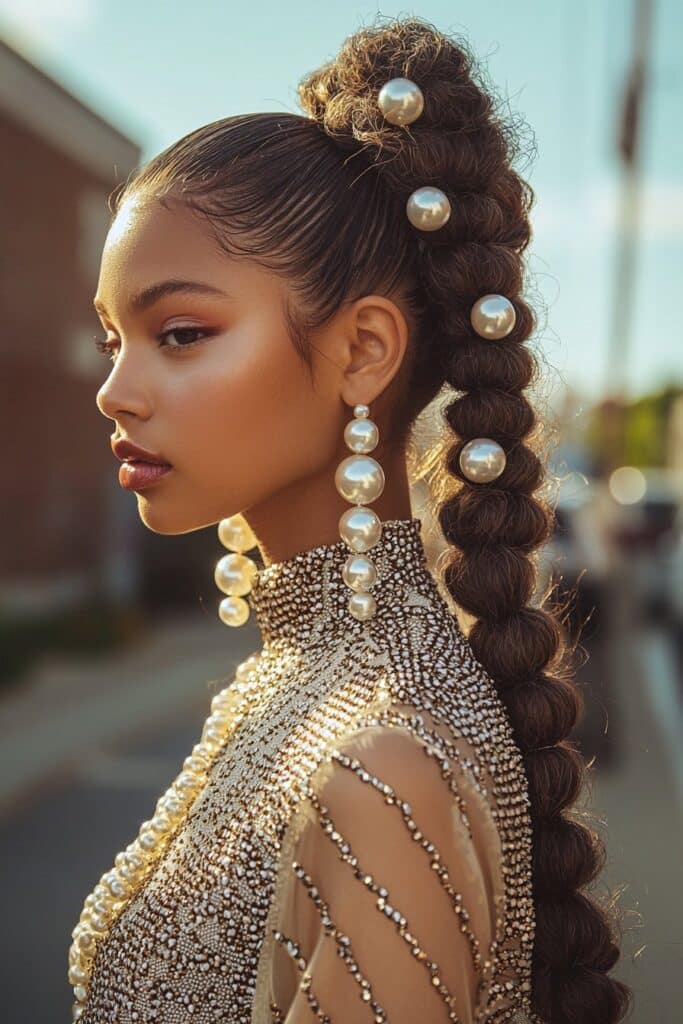 Young woman with a bubble ponytail secured by pearl-studded hair ties. The playful yet regal hairstyle is set against an outdoor street background, highlighting its versatility.