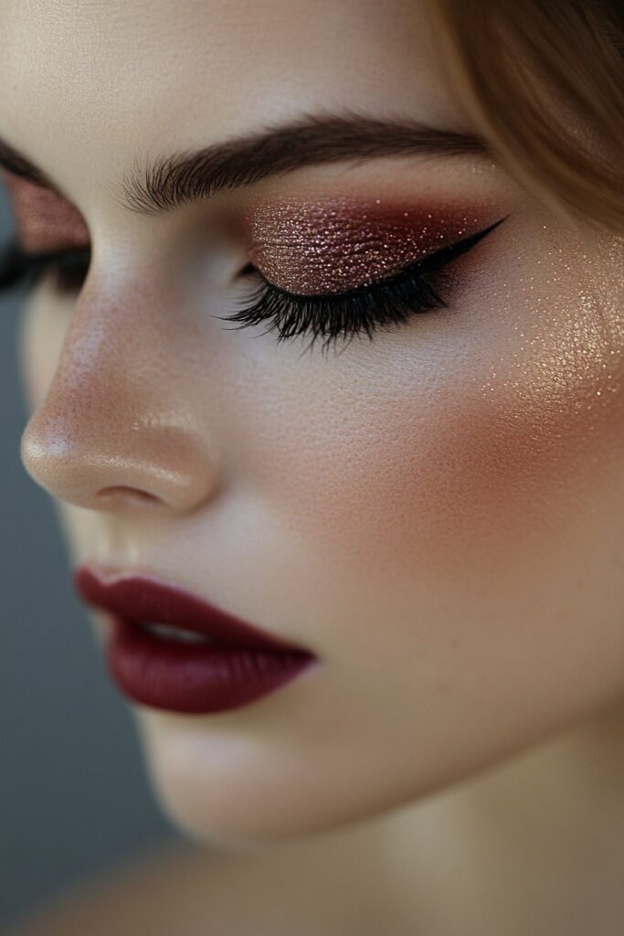 A full face makeup look showcasing a burgundy cut crease with a sharp, defined contrast between deep burgundy and soft, shimmering lid shades