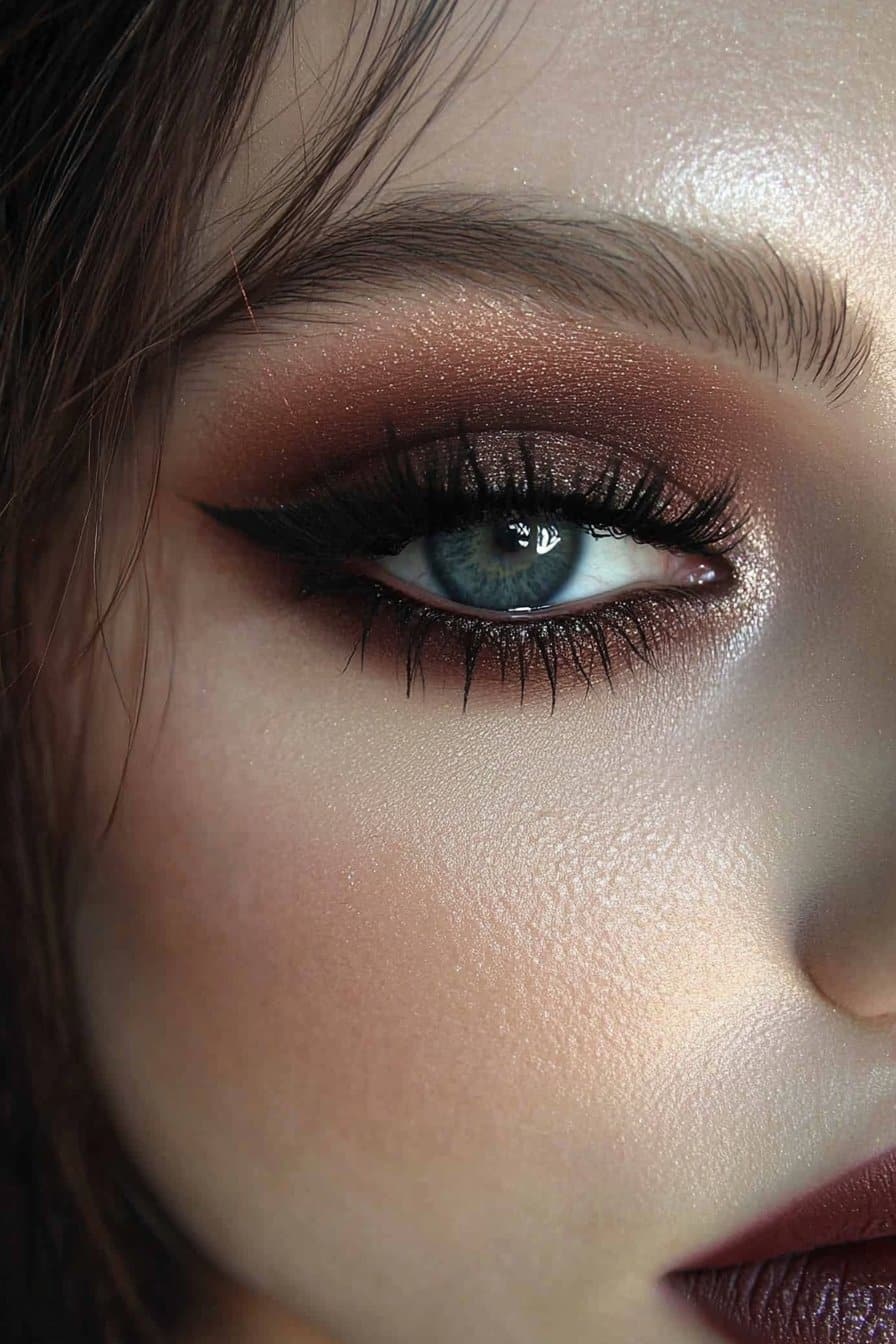 A close-up of a woman's eye with deep wine and maroon eyeshadows blended across the eyelid, creating a bold yet sophisticated grunge-inspired look.