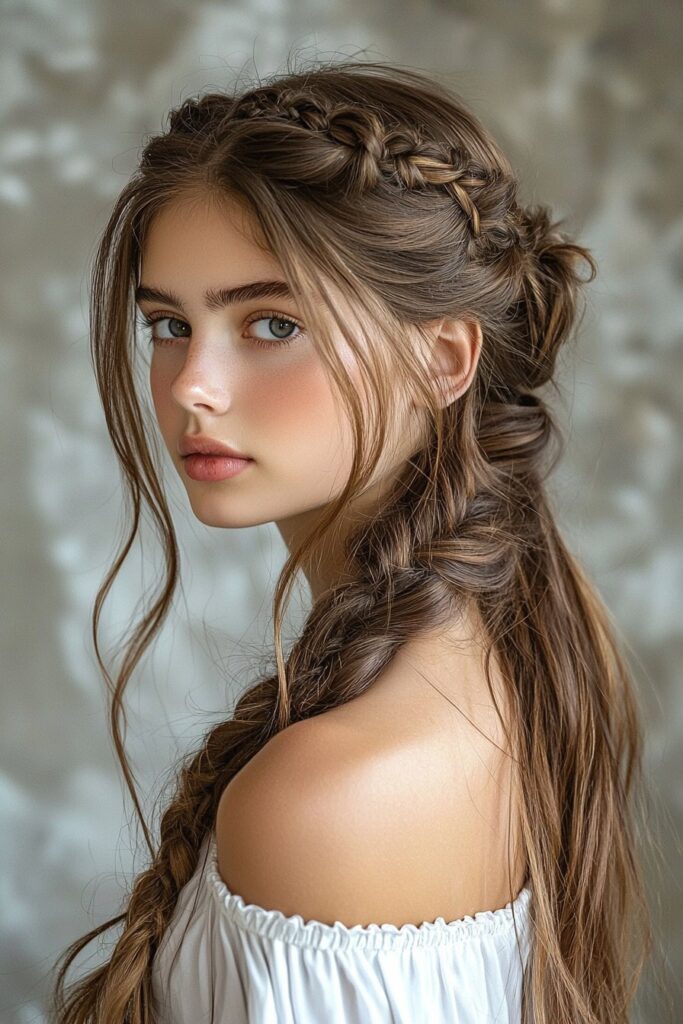 A young woman with a Butterfly Braid Blend half-up, half-down hairstyle. Delicate butterfly-shaped braids adorn the crown, with flowing waves underneath, creating a unique and playful prom hairstyle. The salon background enhances the trendy and creative vibe.