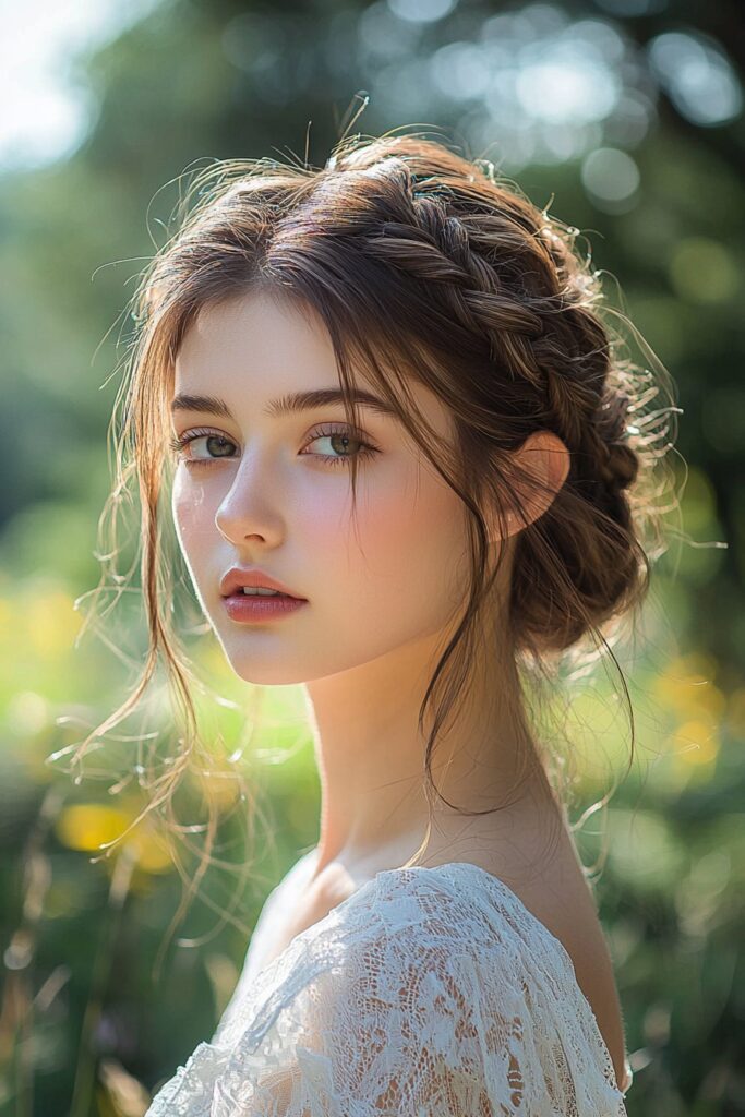 A young woman with a cascading braid updo for prom. The hairstyle showcases a beautiful braid flowing down elegantly, adding a touch of romance. She is in a whimsical garden setting with twinkling lights.