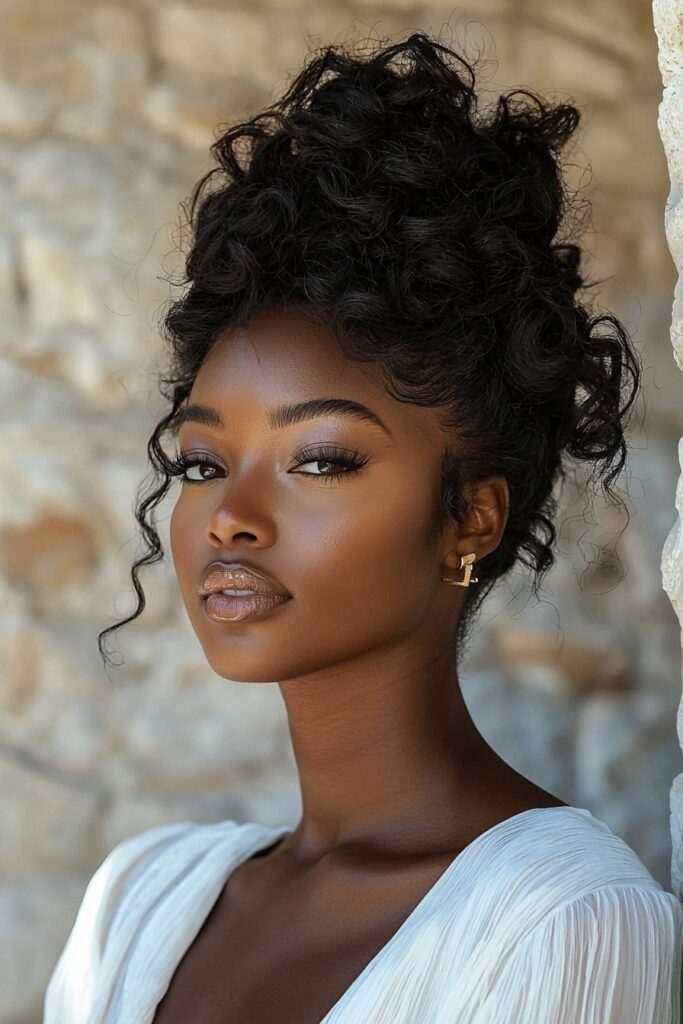 A young Black woman with a Cascading Curls Side Updo in an outdoor street environment. Her voluminous curls elegantly cascade to one side, creating a romantic and glamorous vibe for prom.