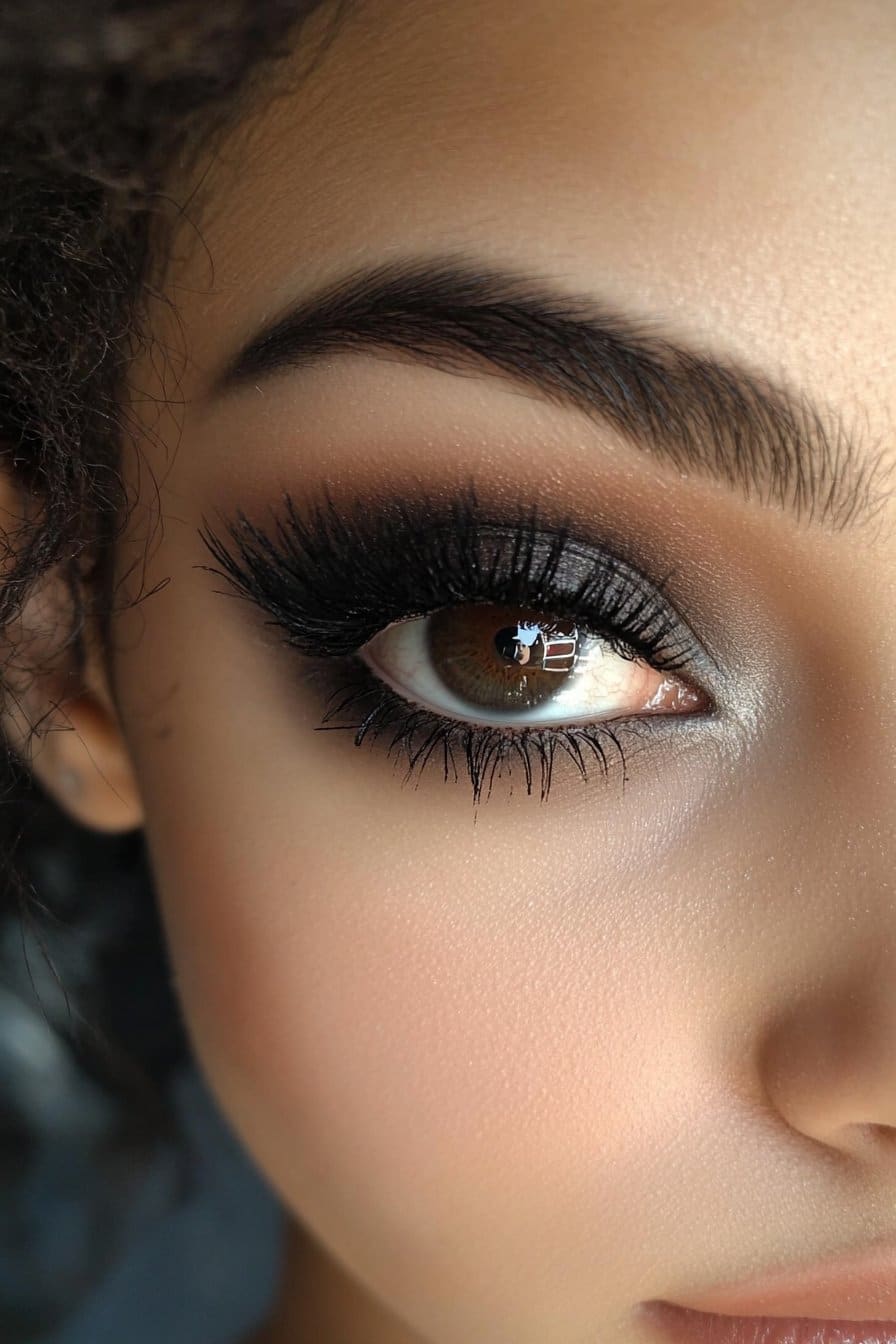 A close-up of a woman's eye with seamlessly blended black and grey eyeshadow, creating a soft, cloud-like smokey effect with smudged edges.