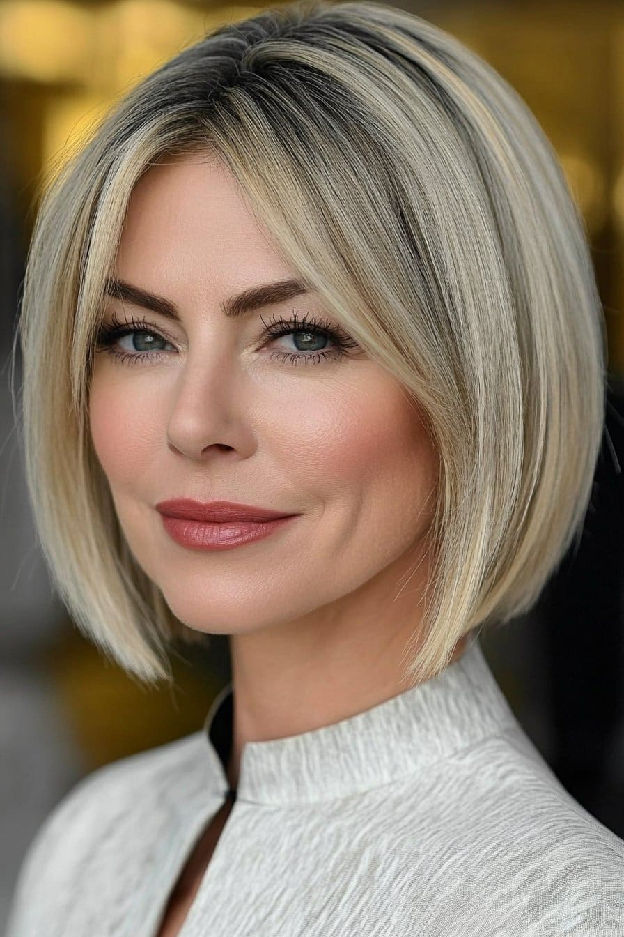 Chin-length blunt bob short hairstyle for women over 50