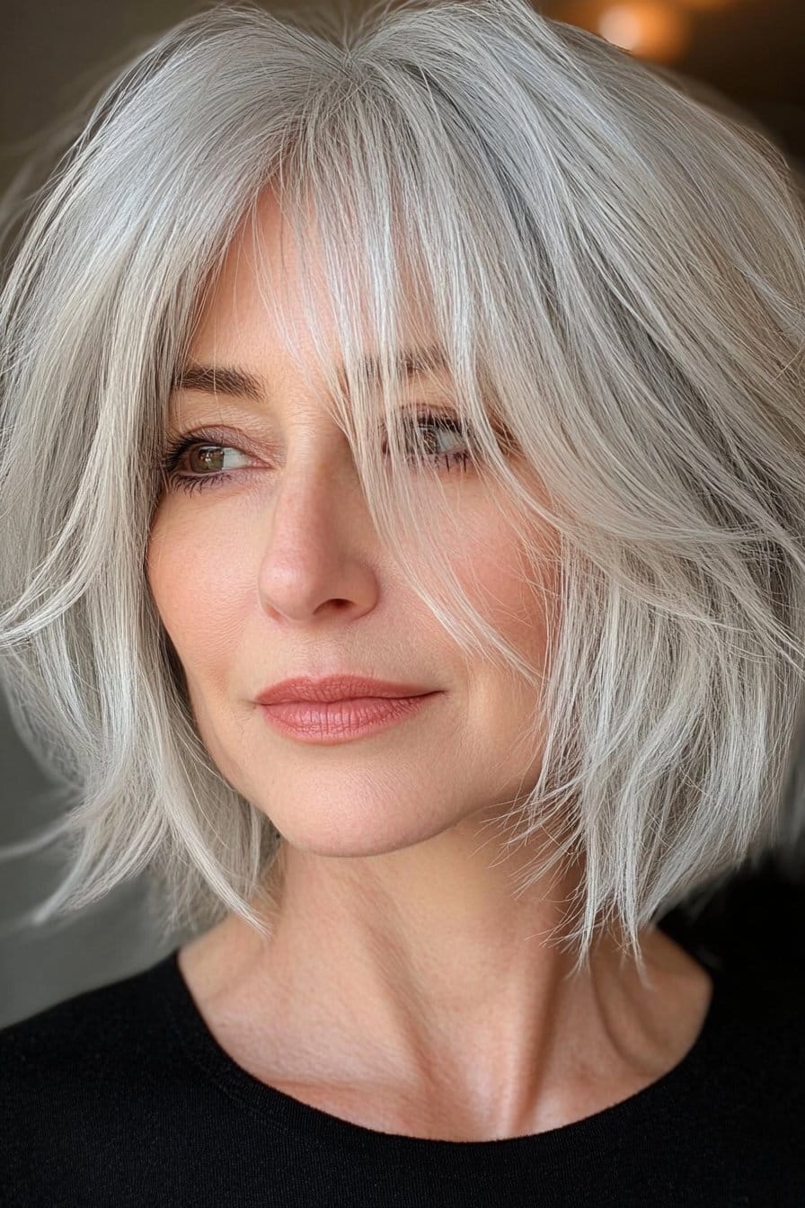 Choppy textured bob short hairstyle for grey hair over 50