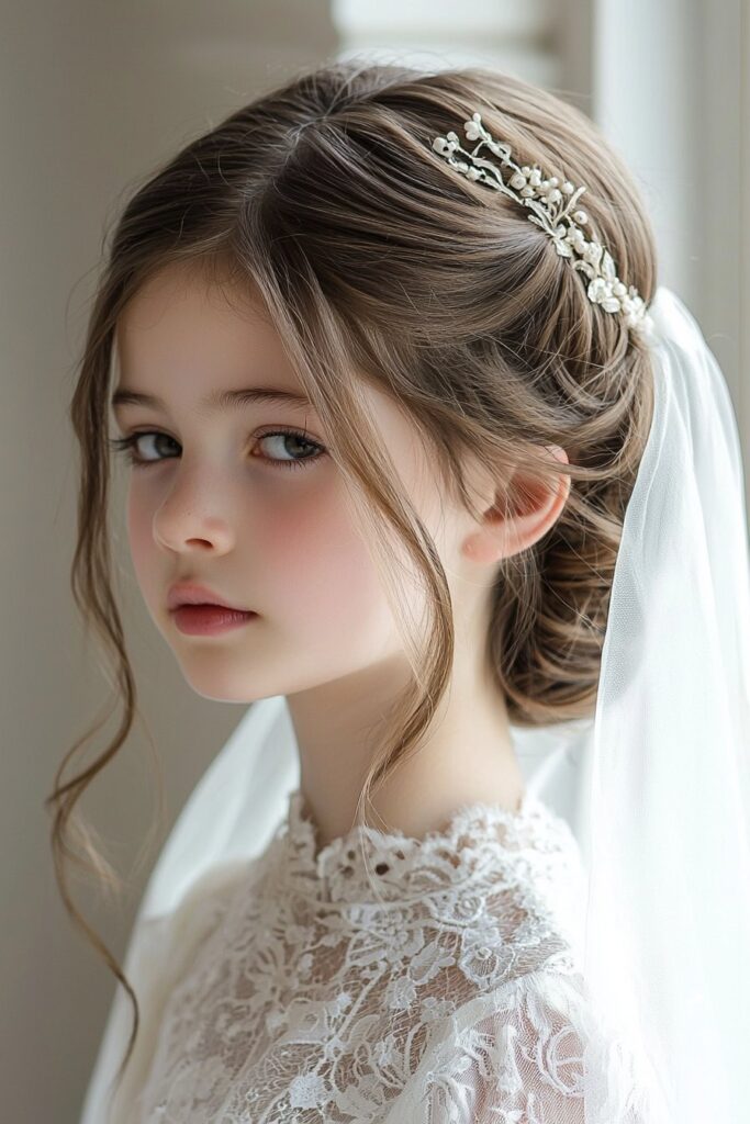 A realistic photo of a young girl with a Classic French Twist hairstyle for her First Communion. Her hair is elegantly twisted and secured with soft pins, complemented by a delicate white veil flowing down her back. The background features a clean white brick wall, providing a professional studio look