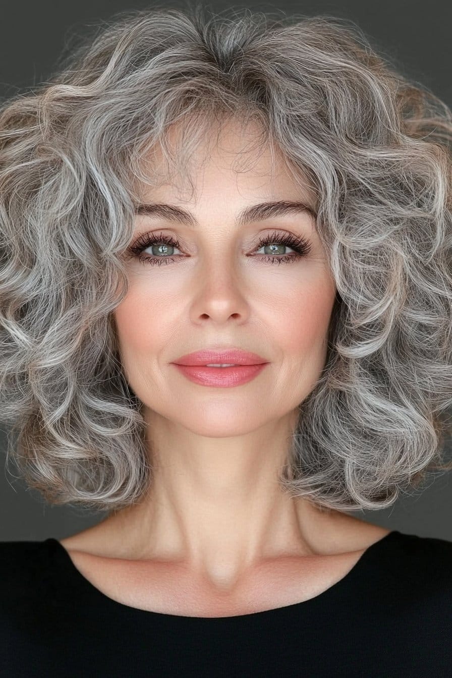 A stylish woman over 50 with a classic gray curly bob. The soft, voluminous curls frame her face, enhancing her elegance and movement. A perfect timeless look for mature women