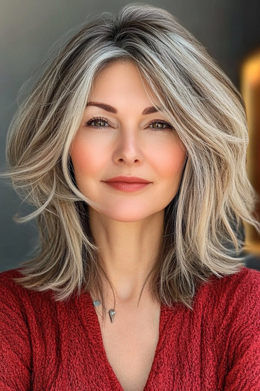 Woman over 50 with a classic layered bob and subtle highlights. Soft layers add volume and movement, while highlights enhance dimension