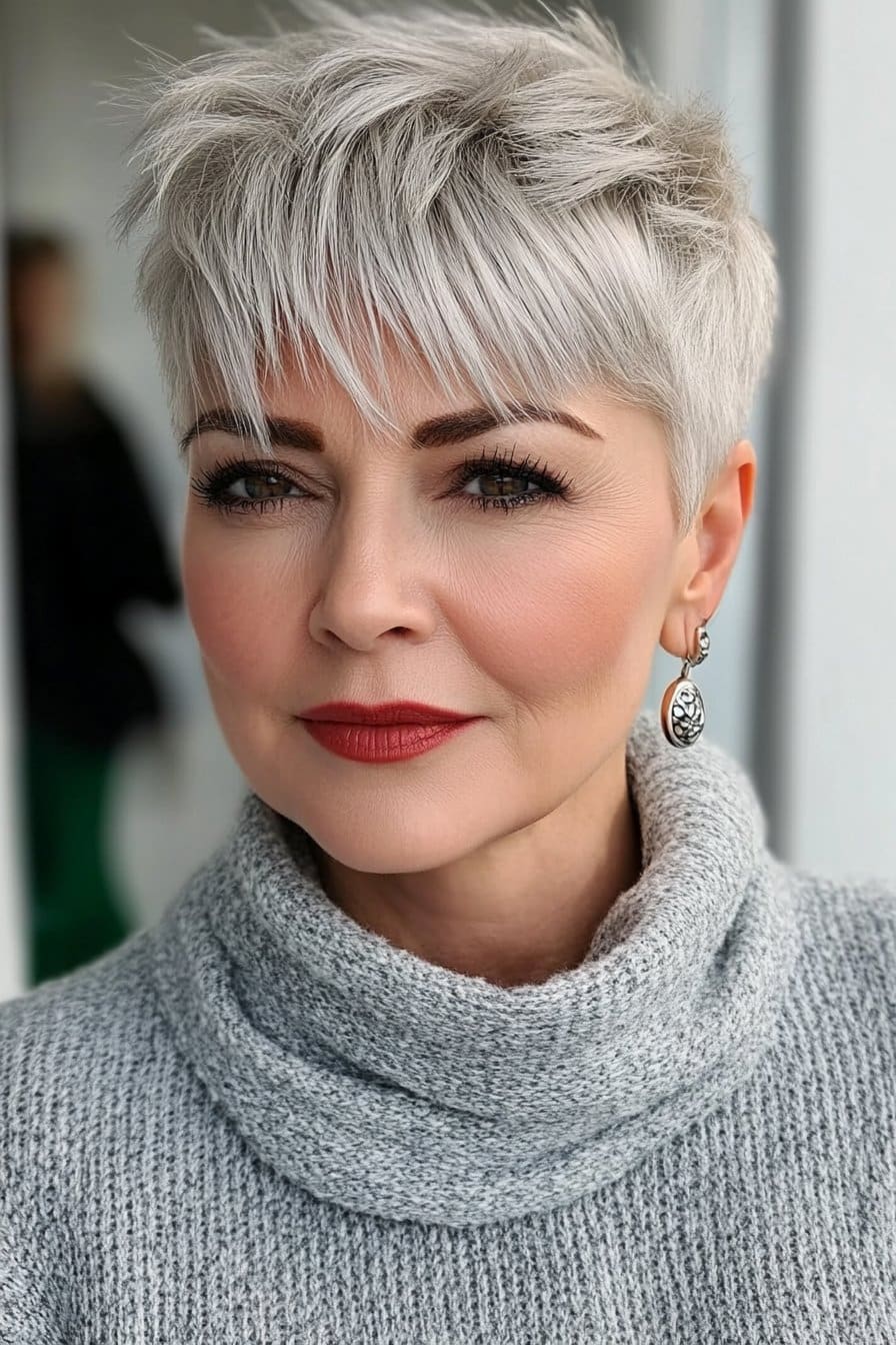 Classic pixie cut with silver highlights for grey hair over 50