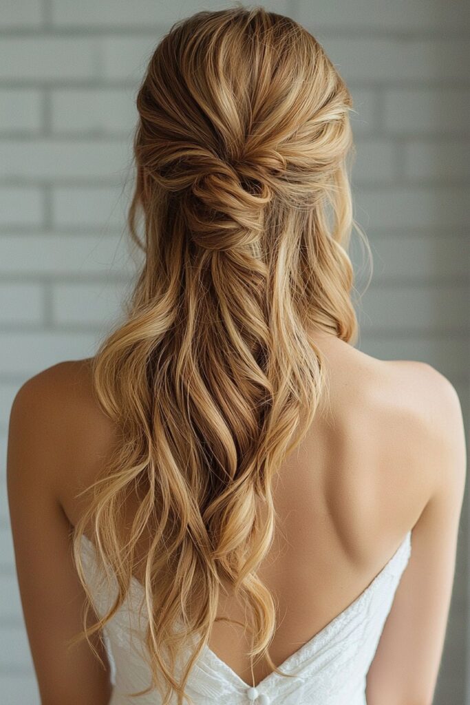 A young woman with a Classic Twisted Crown half-up, half-down hairstyle. Her hair is elegantly twisted and pinned at the back, with soft waves cascading down, perfect for prom. The white brick wall background adds a modern and clean touch.