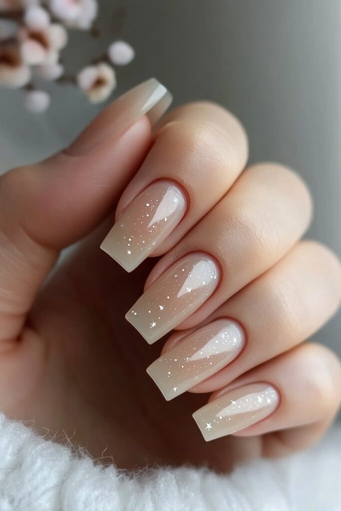 Modern almond-shaped nails with a clear base and tiny, delicate details like small dots, stars, or thin lines for a subtle artistic touch.