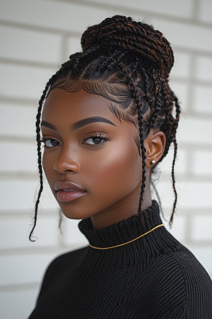 A young Black woman with a Cornrow and Curl Combination updo against a white brick wall background. Neatly braided cornrows transition into voluminous curls, creating a stunning contrast perfect for prom.