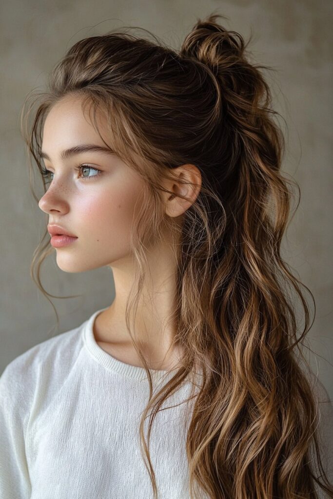 Young woman with a crimped texture ponytail, adding unique volume and depth to the hairstyle. The indoor studio background complements the bold, textured look.