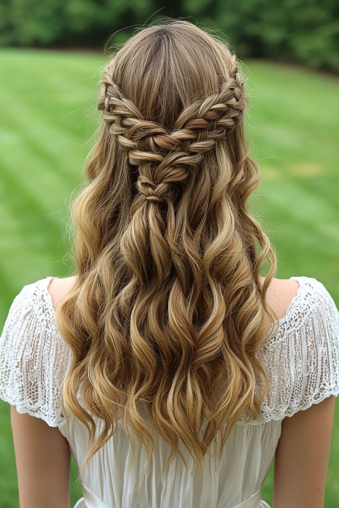 A young woman with a Crown Braid Cascade half-up, half-down hairstyle. A braided crown adds a regal touch, while soft curls cascade down the back, giving a perfect balance of elegance and flow. The outdoor grass background emphasizes a natural and romantic feel.