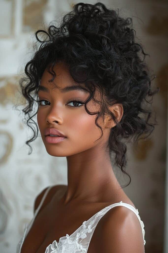 A young Black woman with a Curly Mohawk Updo in an indoor wall panel setting. Her sides are sleeked down while voluminous curls run through the center, providing a bold and chic prom hairstyle.