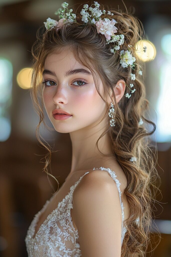 Young woman with a curly waterfall ponytail adorned with delicate floral pins. The elegant hairstyle flows beautifully, set in a church interior background, ideal for formal occasions