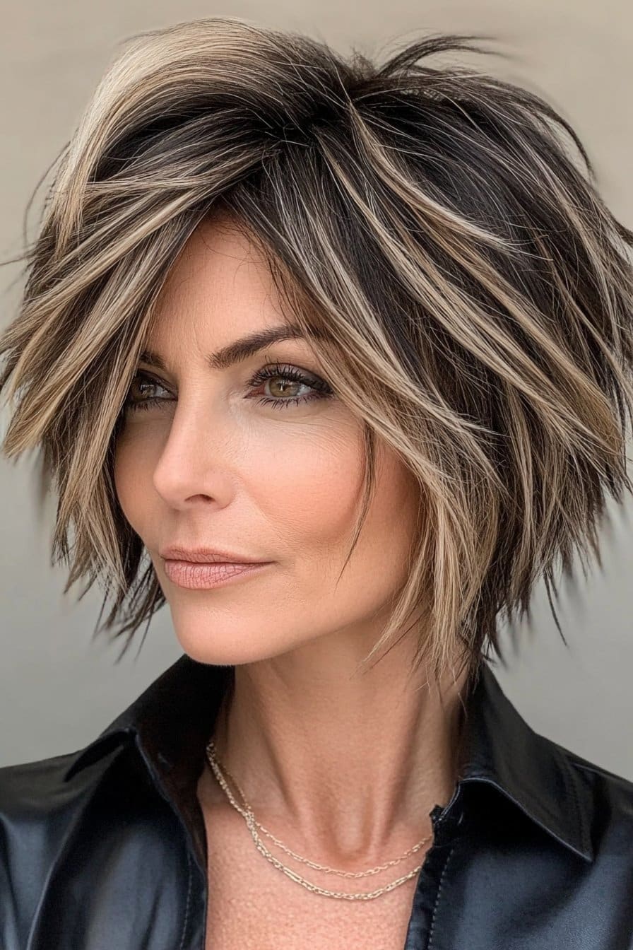 Edgy disconnected stacked bob hairstyles for older women