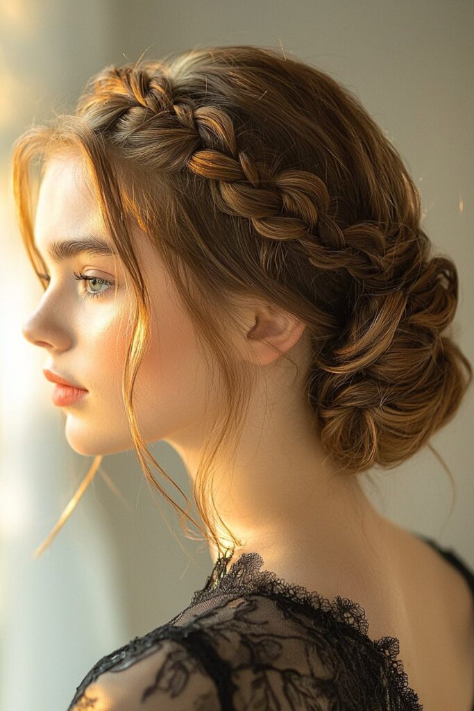 A young woman with a double Dutch braid updo for prom. The hairstyle features two neat Dutch braids intertwined into an updo, offering a fun and youthful look. She is at a high-end prom venue with golden lighting.