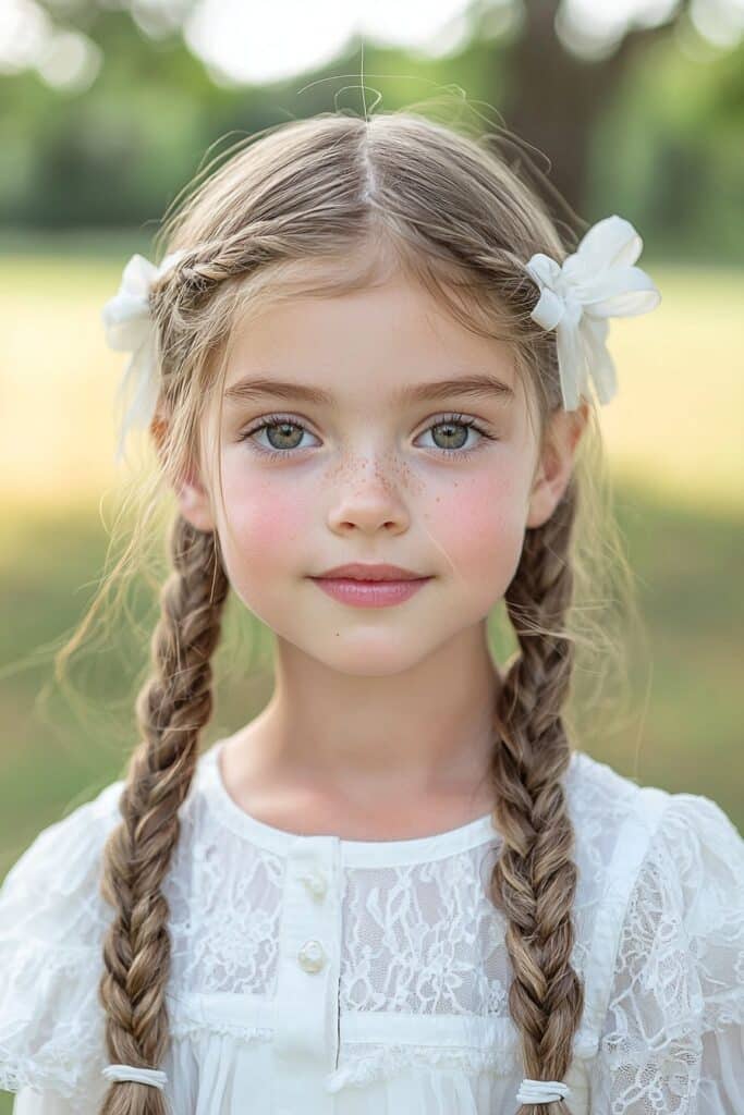 A lifelike image of a young girl with neatly woven Double Dutch Braids, secured with a white ribbon. The cheerful outdoor grass background complements the youthful and charming hairstyle.