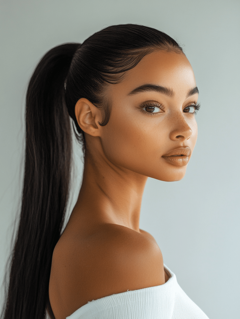 Young woman with a ribbon-wrapped low ponytail, showcasing a soft and vintage-inspired look. The hairstyle is beautifully presented against a white brick wall background.