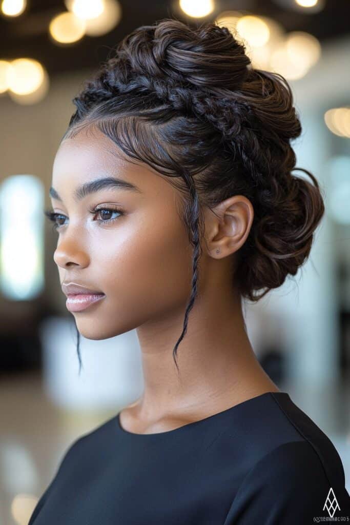 A young woman with a Double Twisted Updo for prom. The image captures the hairstyle with a softly lit prom ballroom in the background.